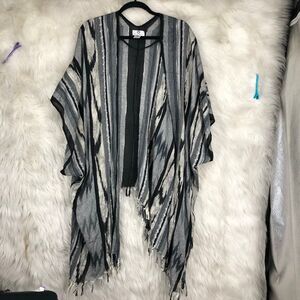 Big Buddha Boho Fringe Kimono Cardigan – Black Gray Striped Drape Open Front